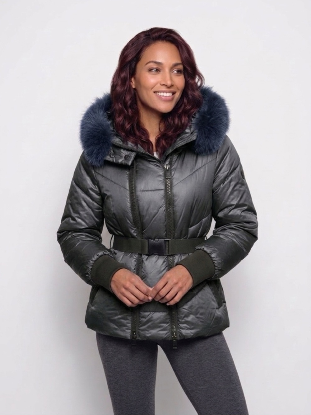 NWT LANDI Italy Quilted Coat Jacket Belted  Removable Hood Fox Trim IT 44 US L